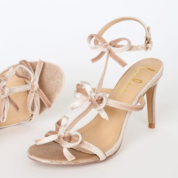 Lulus Reelaine Light Nude Velvet Bow Ankle Strap Heels - Picture 1 of 9
